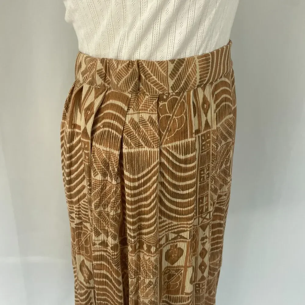 Vintage A Line Mini Skirt Small Brown Tan Tribal Boho Lagenlook Pleated Skater